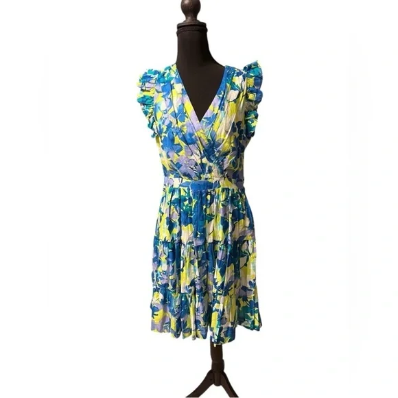 Taylor Blue and Yellow Floral Mini Dress Size M - Picture 6 of 6